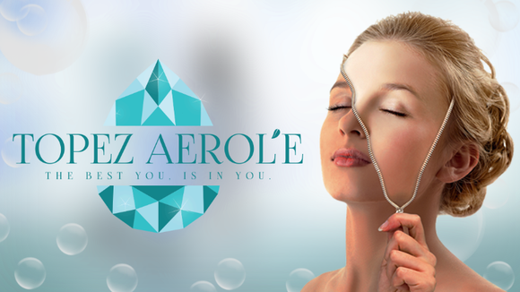 Topez Aerole Logo next to woman unzipping face to show cleaner, healthier, brighter skin. The best you is in you.